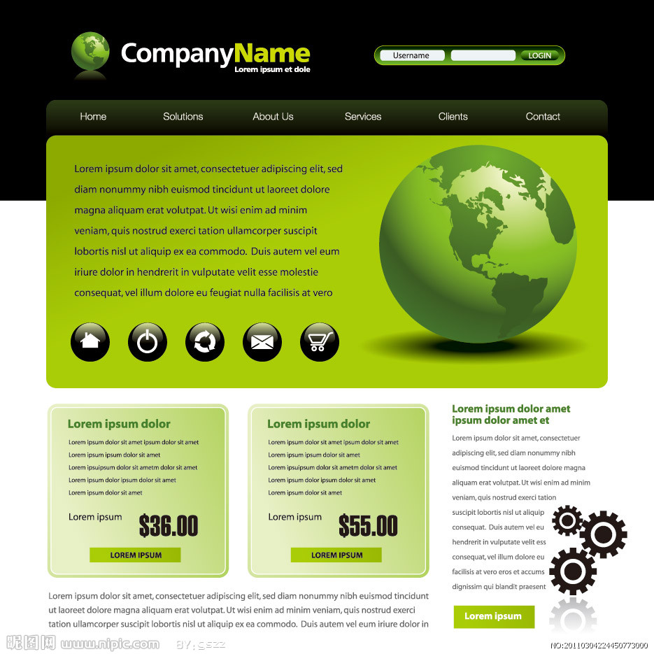 绿色地球商务科技企业网站网页主页设计矢量图片